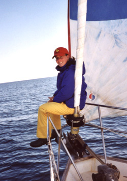 Meaghan aboard the sailboat Balaena